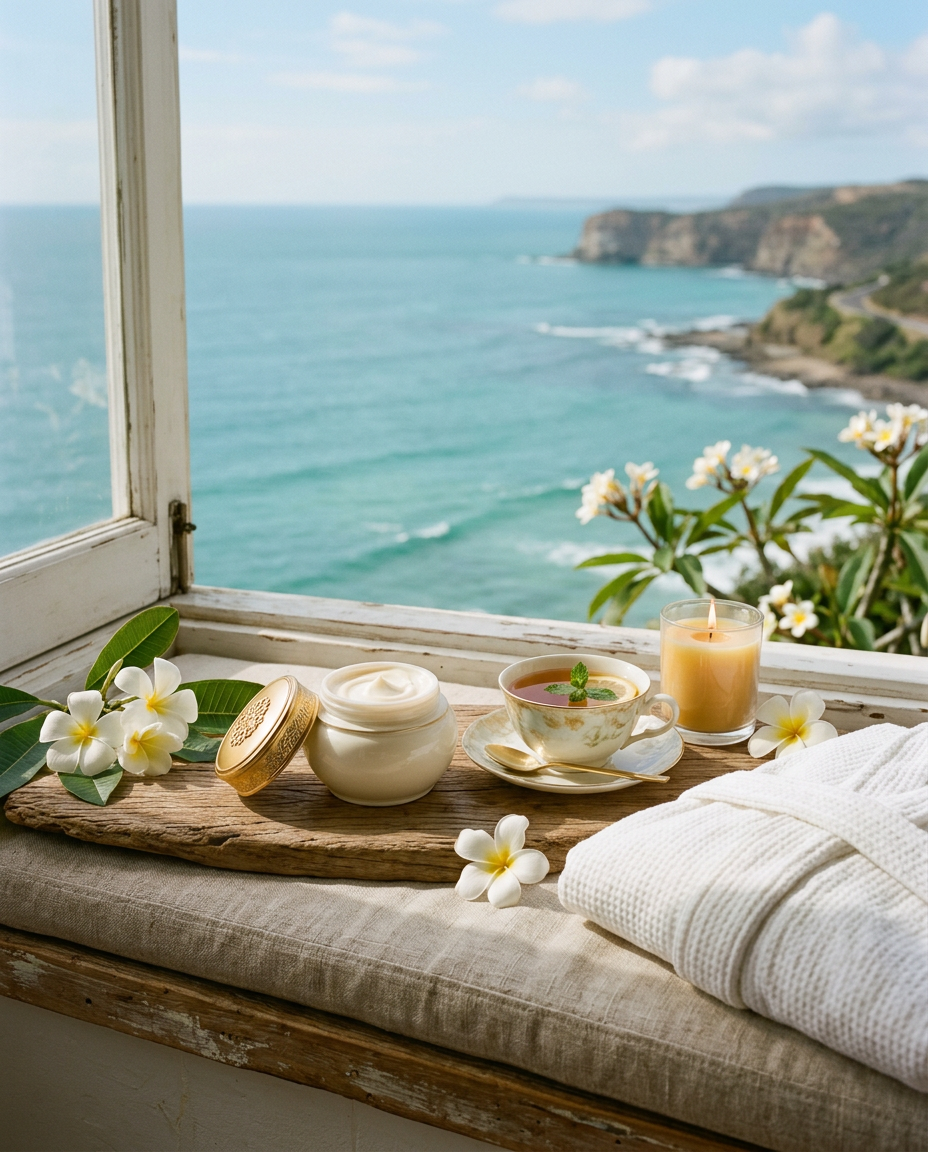 Open ivory moisturizer jar with a gold lid beside herbal tea, a lit candle, a white robe and frangipani on a sunlit window seat overlooking the ocean