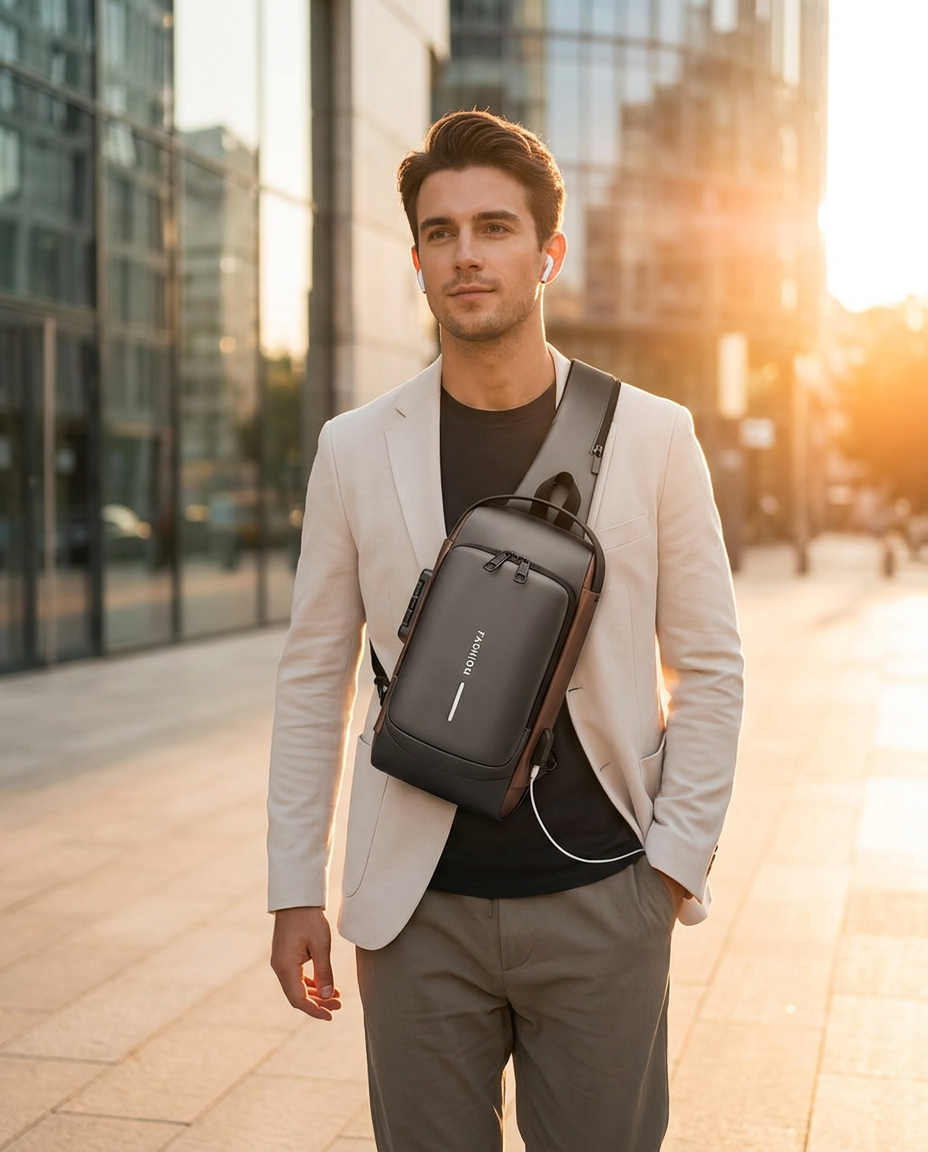 Commuter walking through the city at golden hour wearing the Anti-Theft USB Charging Chest Bag