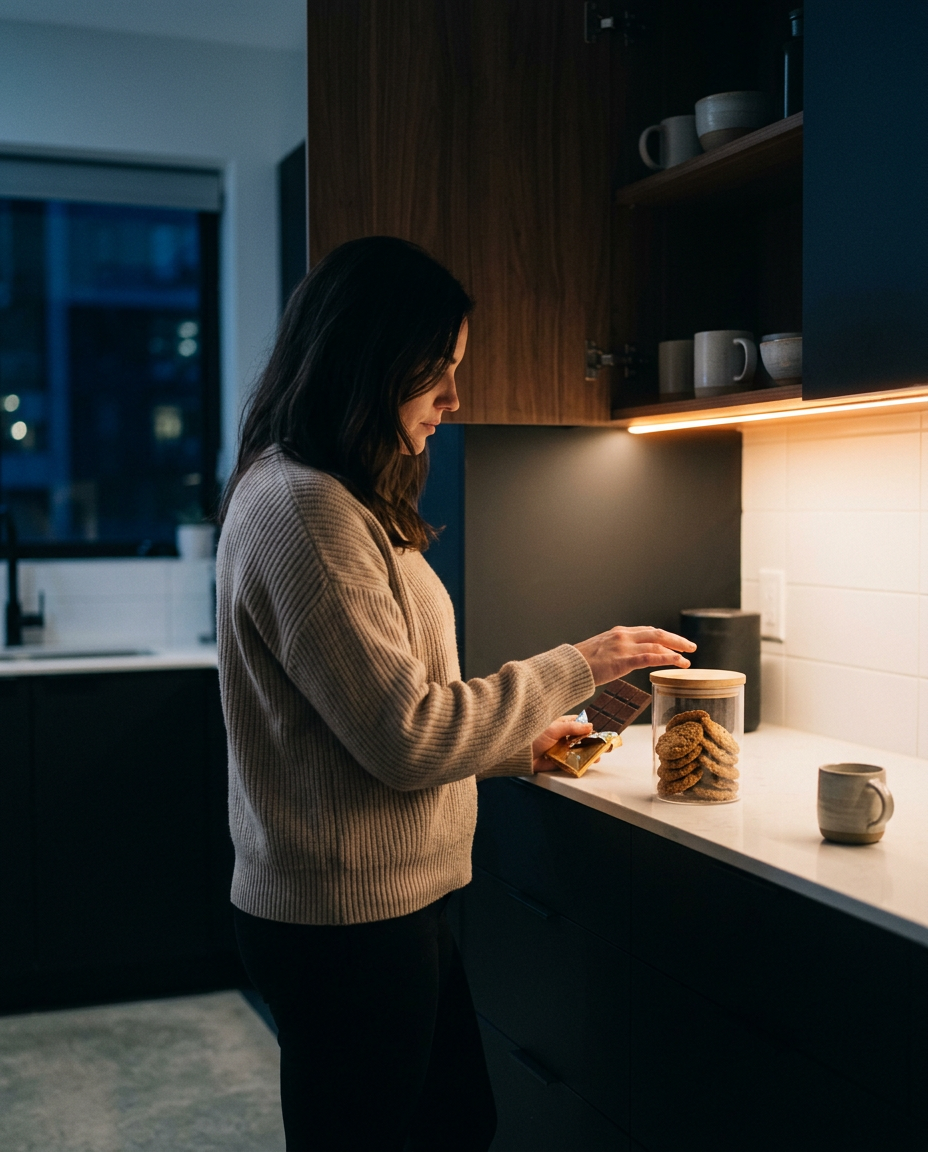Une femme hésite devant un placard ouvert le soir, face à des biscuits et du chocolat