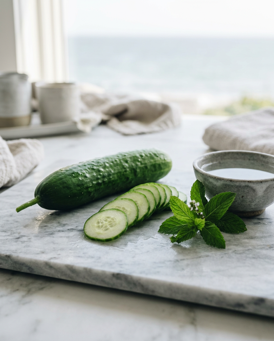 Fresh cucumber with thin slices fanned out on grey-white marble beside mint and a stone bowl of water