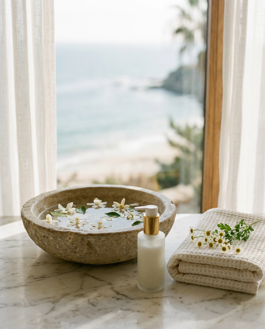 Stone basin of clear water with floating white petals on marble beside a frosted cleanser bottle, folded white towel and chamomile in soft window light