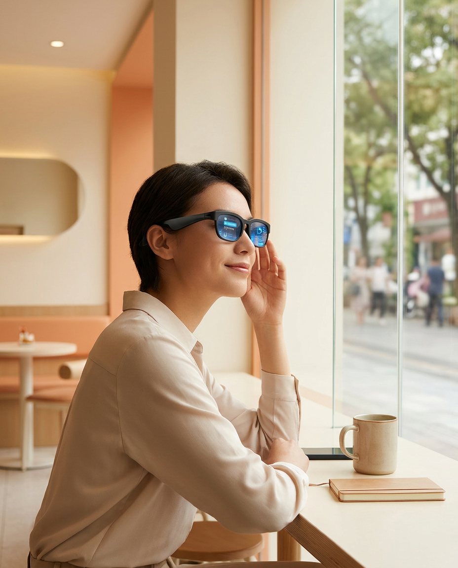 Person wearing the AI Smart Glasses Ultra View in a bright cafe
