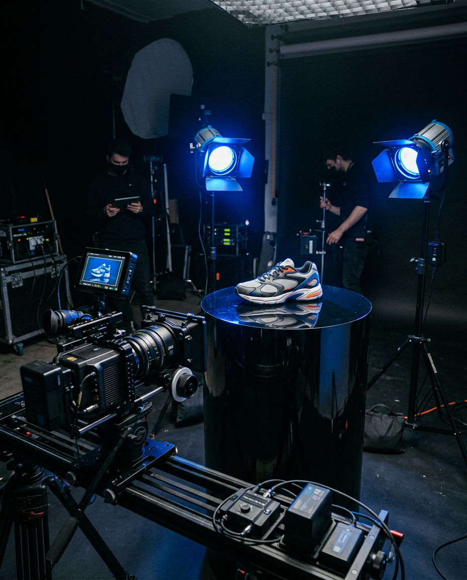Sneaker on a black plinth under studio lights with a cinema camera