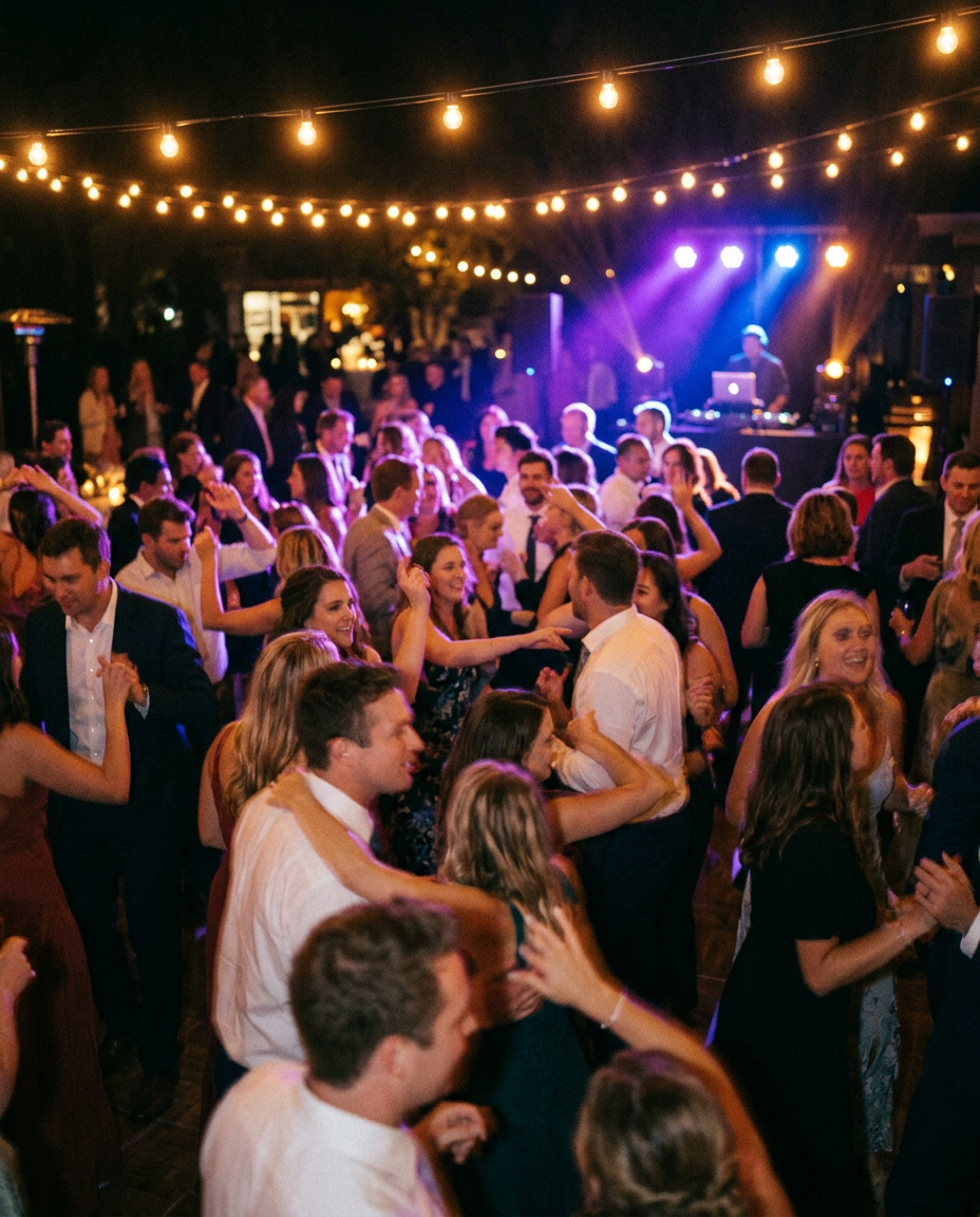 Guests dancing under string lights and violet uplighting