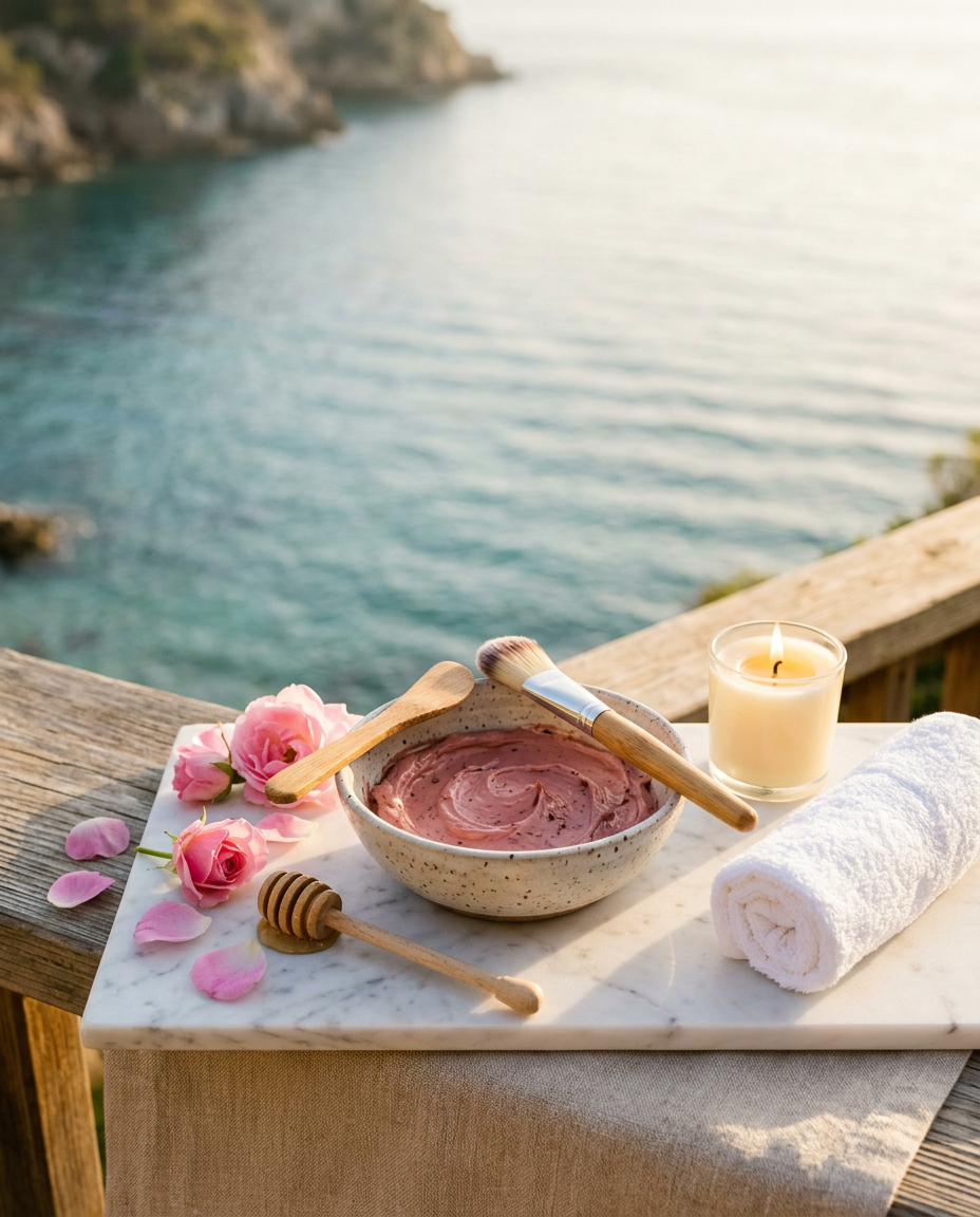 Ceramic bowl of rose-pink botanical mask with a spatula and brush on marble, with rose petals, honey, a rolled white towel and a lit candle