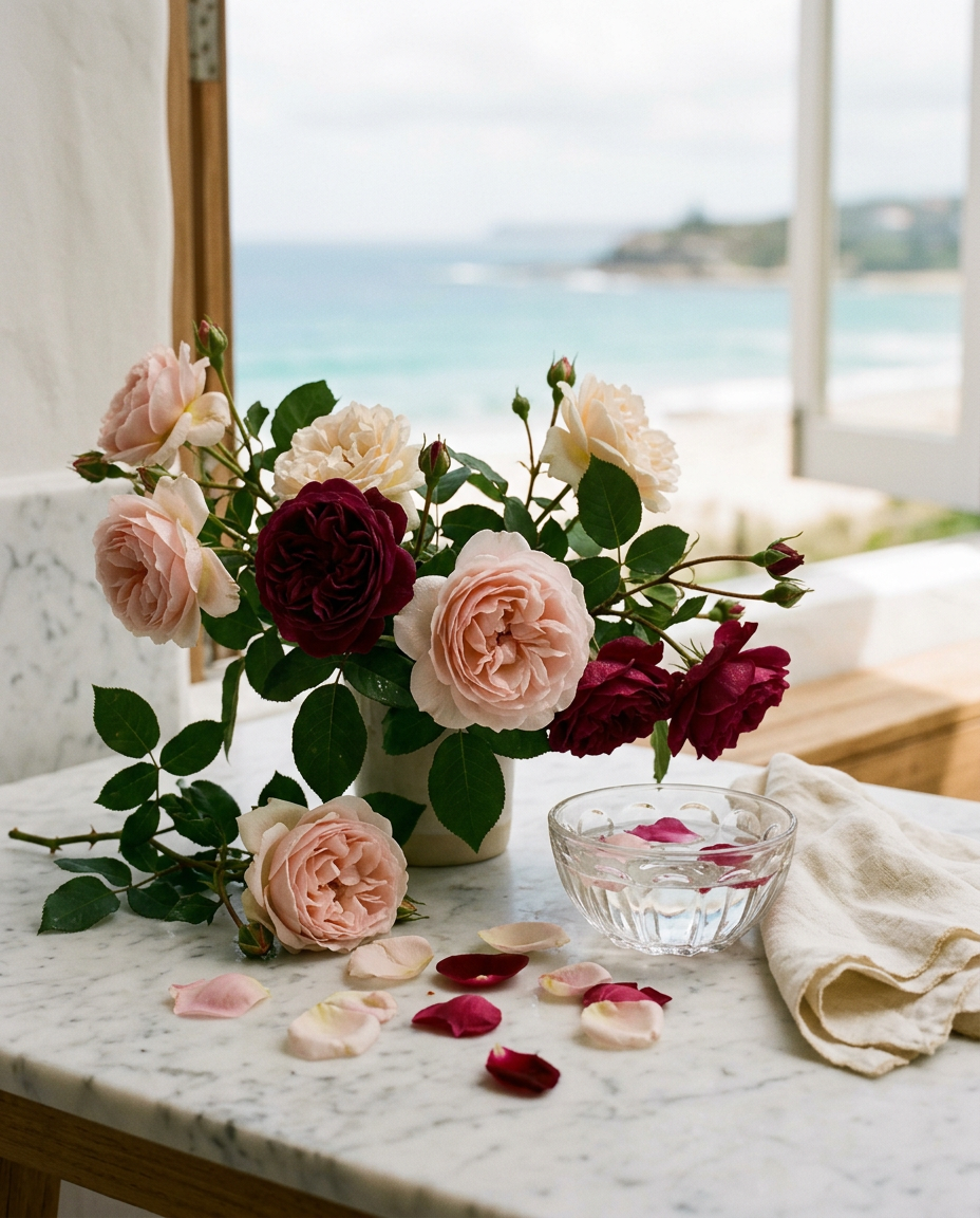 Garden roses and loose rose petals on white marble beside a glass bowl of rose water and an ivory linen napkin