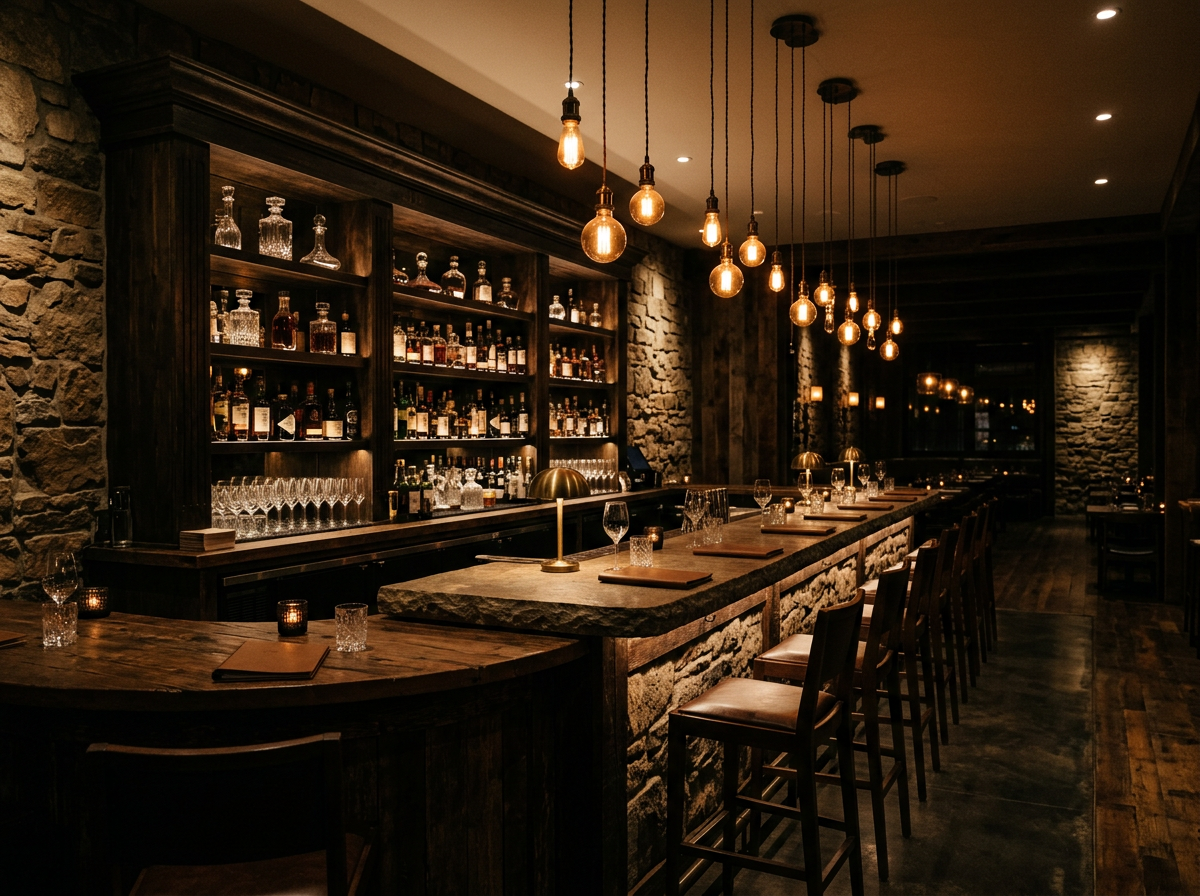 Moody restaurant bar lit by warm pendant lights