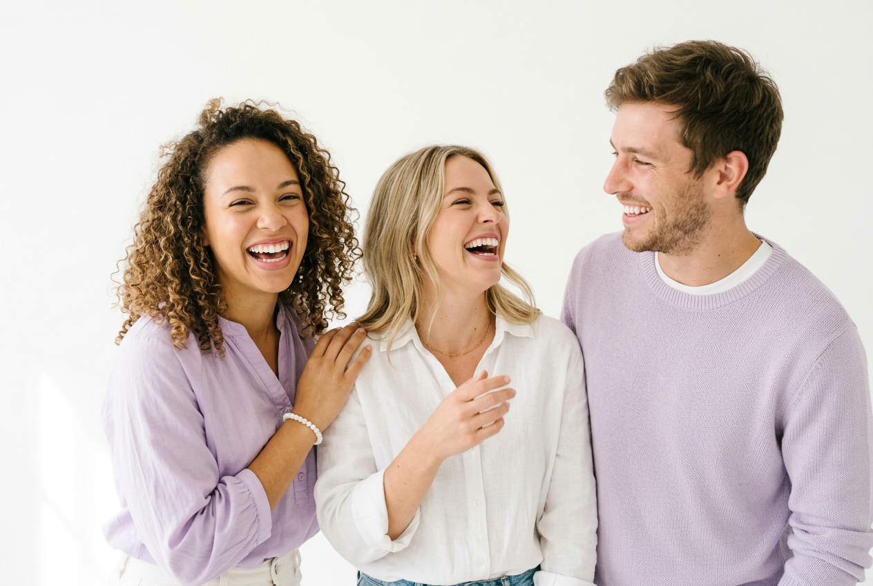 Three friends laughing together with bright, healthy smiles