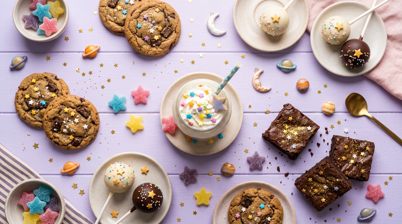 An assortment of Cosmic Taste desserts with star confetti on a pastel table