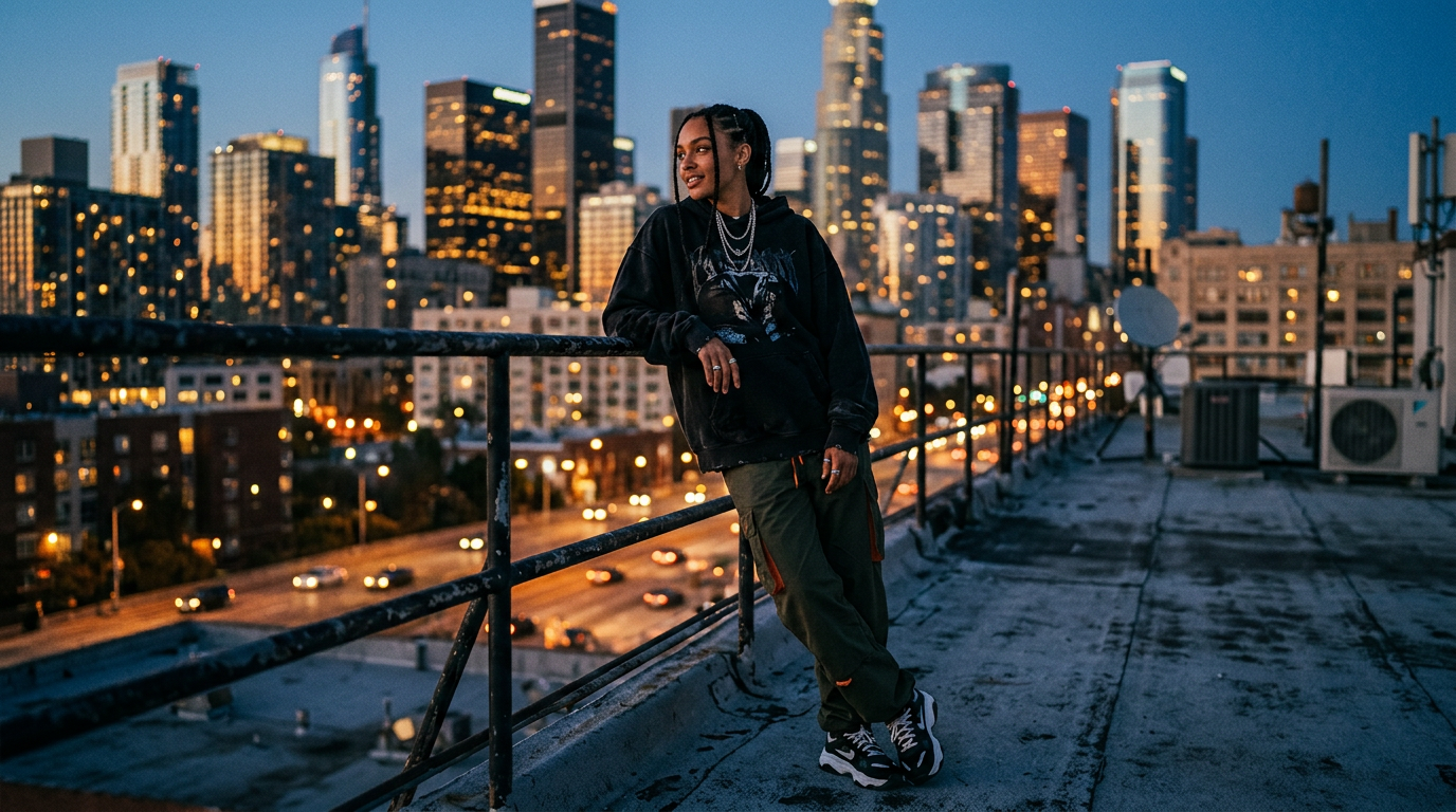 Model in streetwear on a city rooftop at dusk