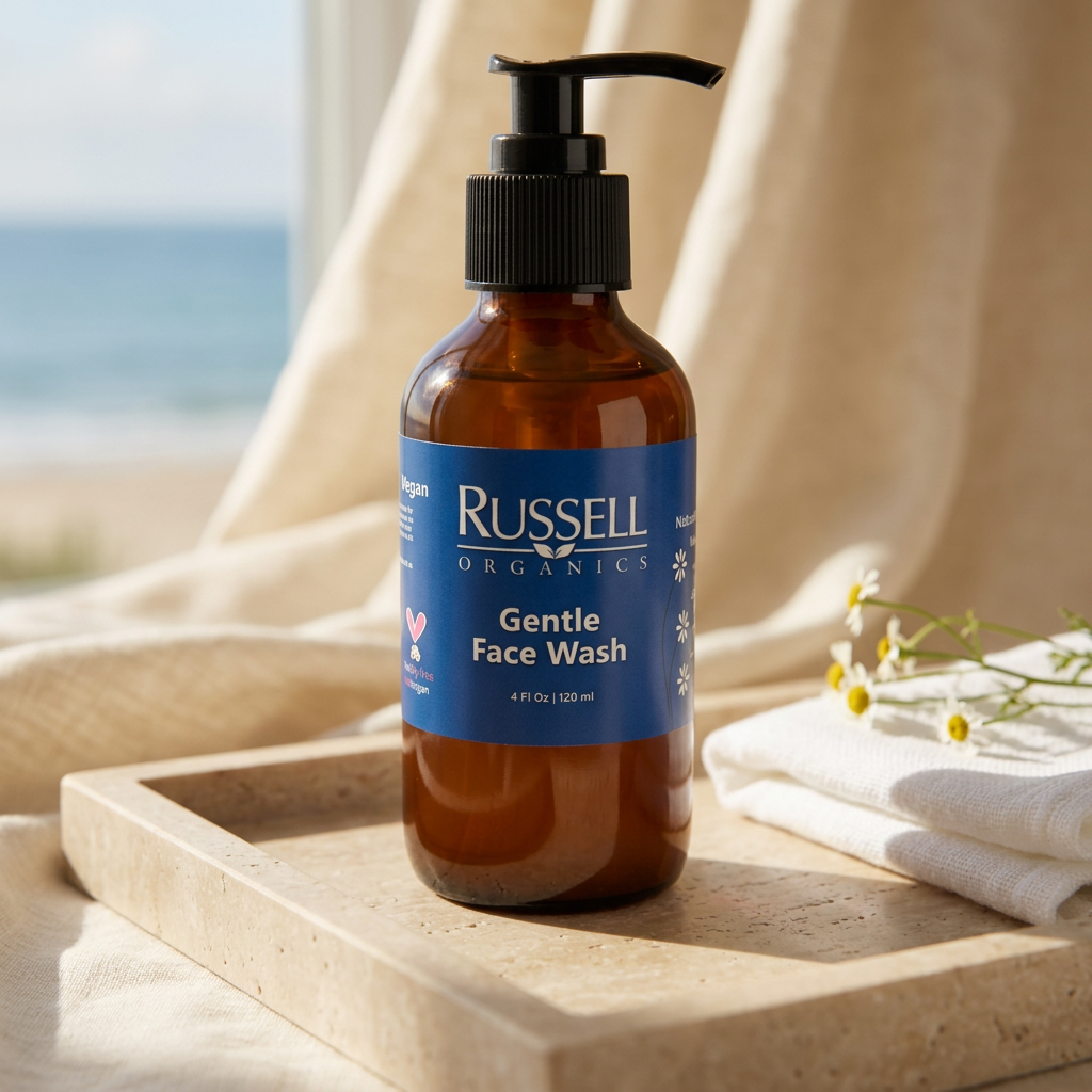 Gentle Face Wash by Russell Organics, styled on stone and linen in a sunlit seaside spa