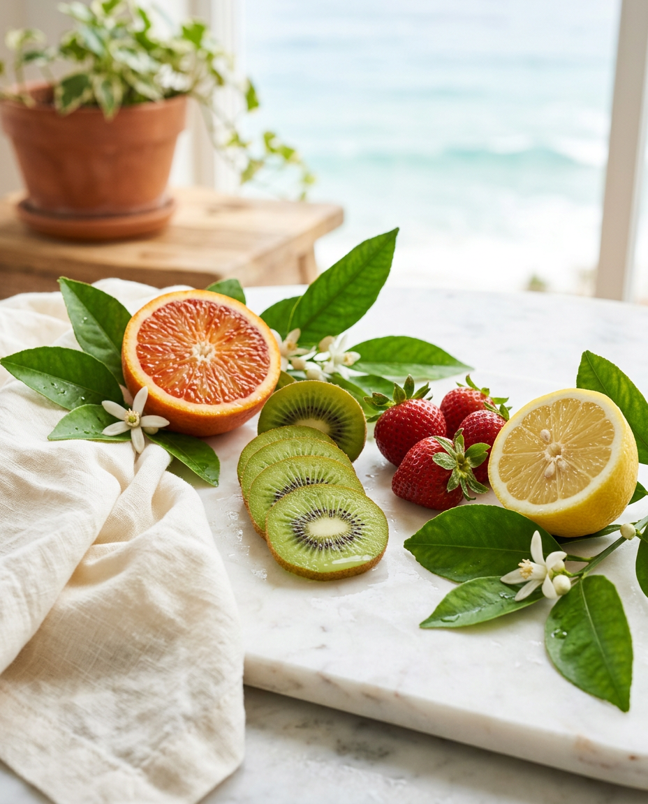 Halved oranges, sliced kiwi, lemon and strawberries on white marble with ivory linen and citrus leaves