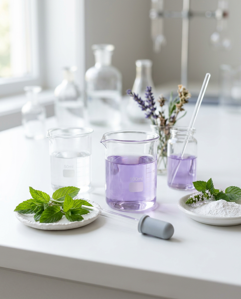 Glass beakers of soft purple liquid beside fresh mint and lavender on a bright white bench