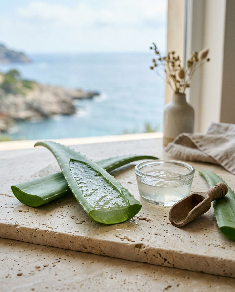 Fresh aloe vera leaves, one sliced open to show its clear gel, on pale travertine stone