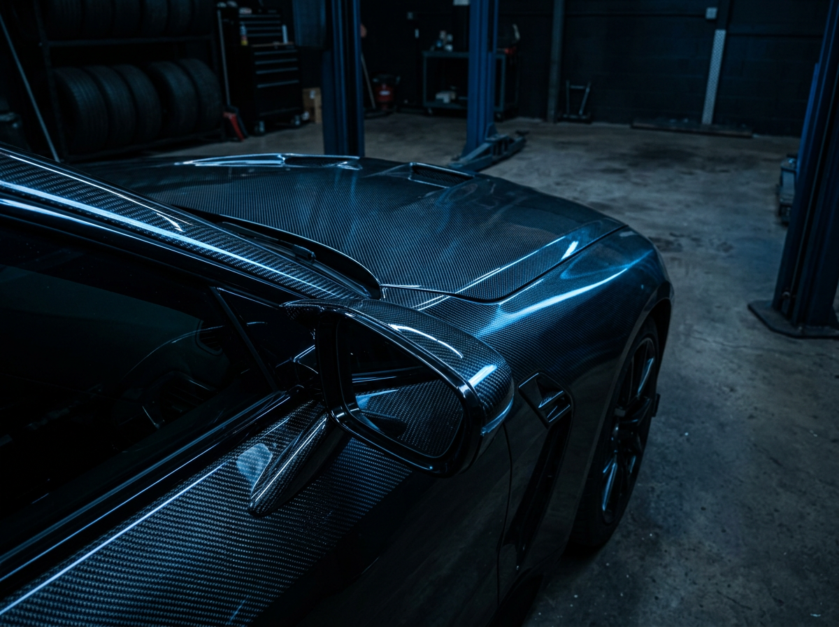 Sports car bonnet and mirror wrapped in glossy carbon fibre vinyl