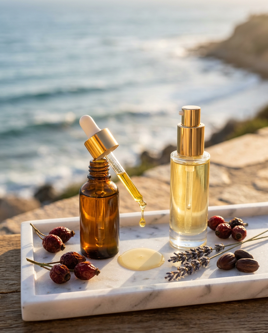 Amber dropper bottle with a gold collar releasing a golden drop of face oil beside a serum bottle on marble with rosehips and lavender in warm sunlight