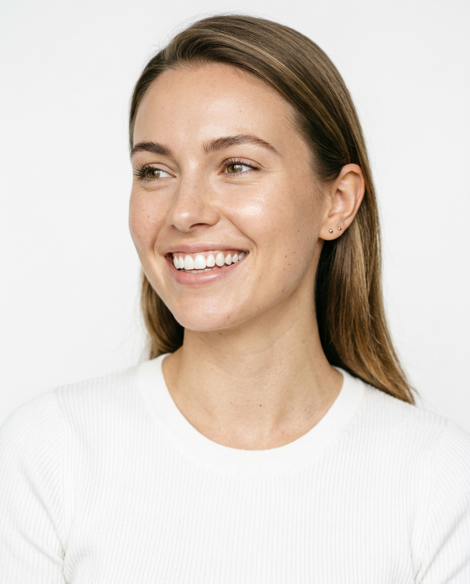 Smiling woman with straight hair in a white top, looking to the side