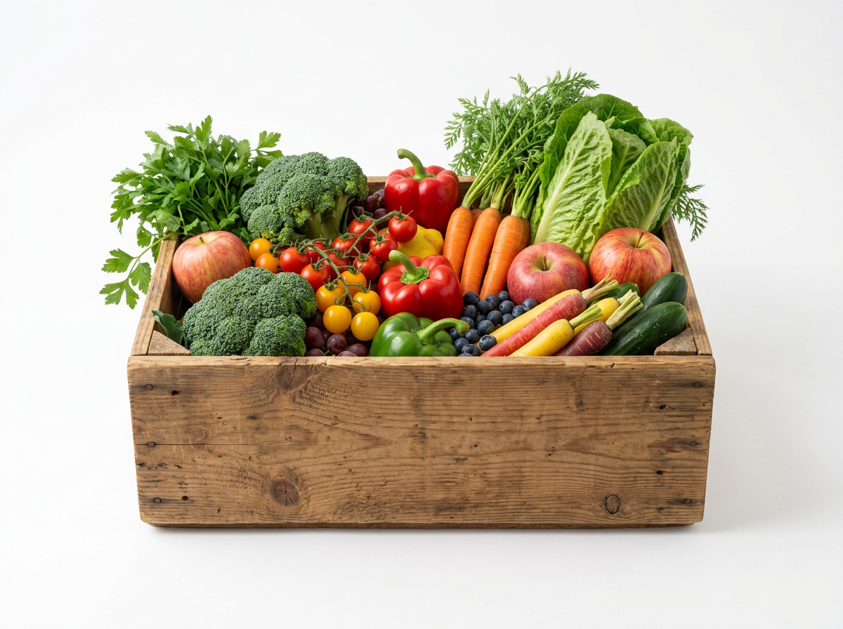 Crate of fresh vegetables and fruit