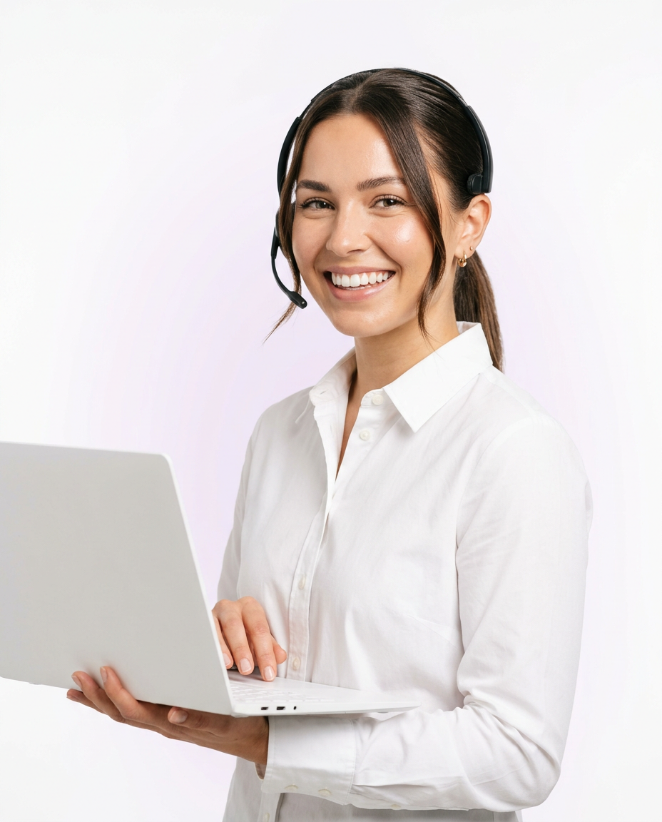 Smiling SmileHealth care team member wearing a headset and holding a laptop