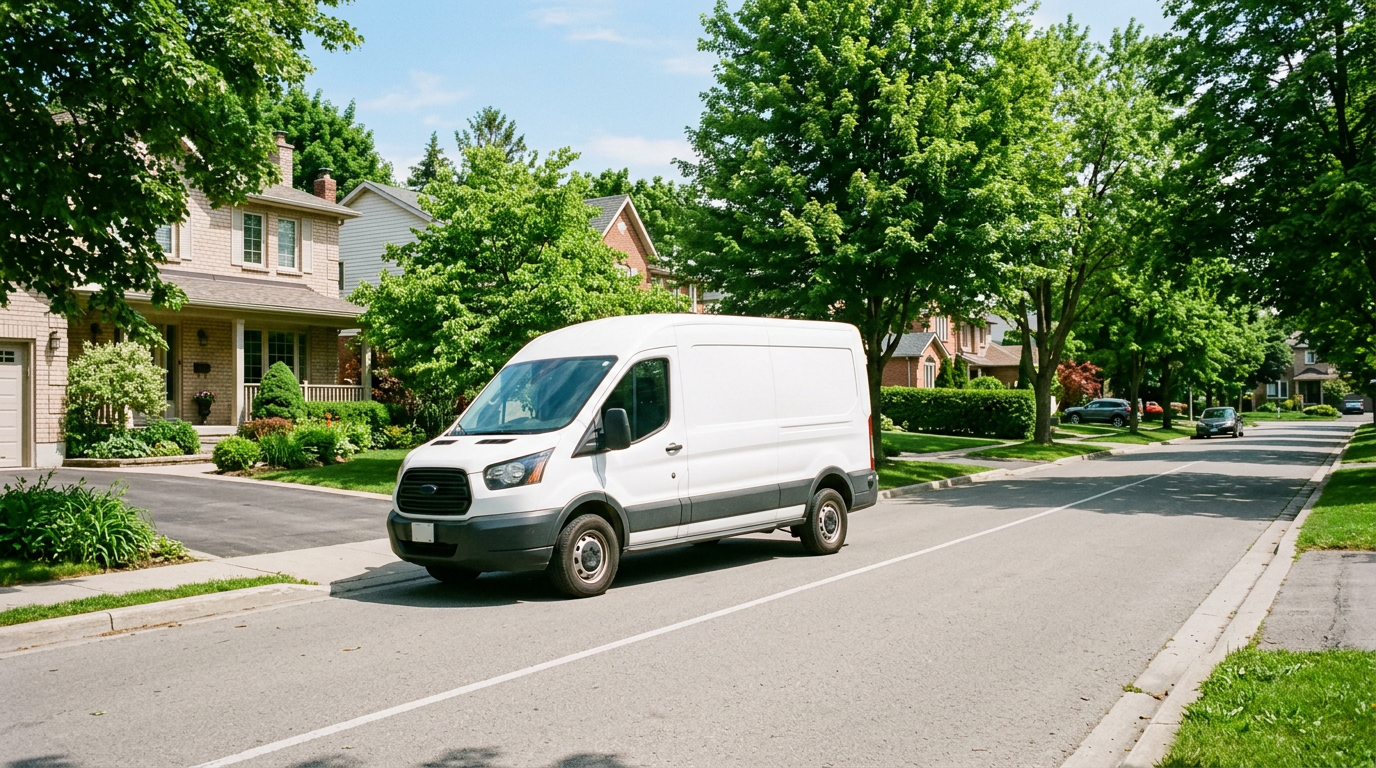 White delivery van parked on a tree-lined street