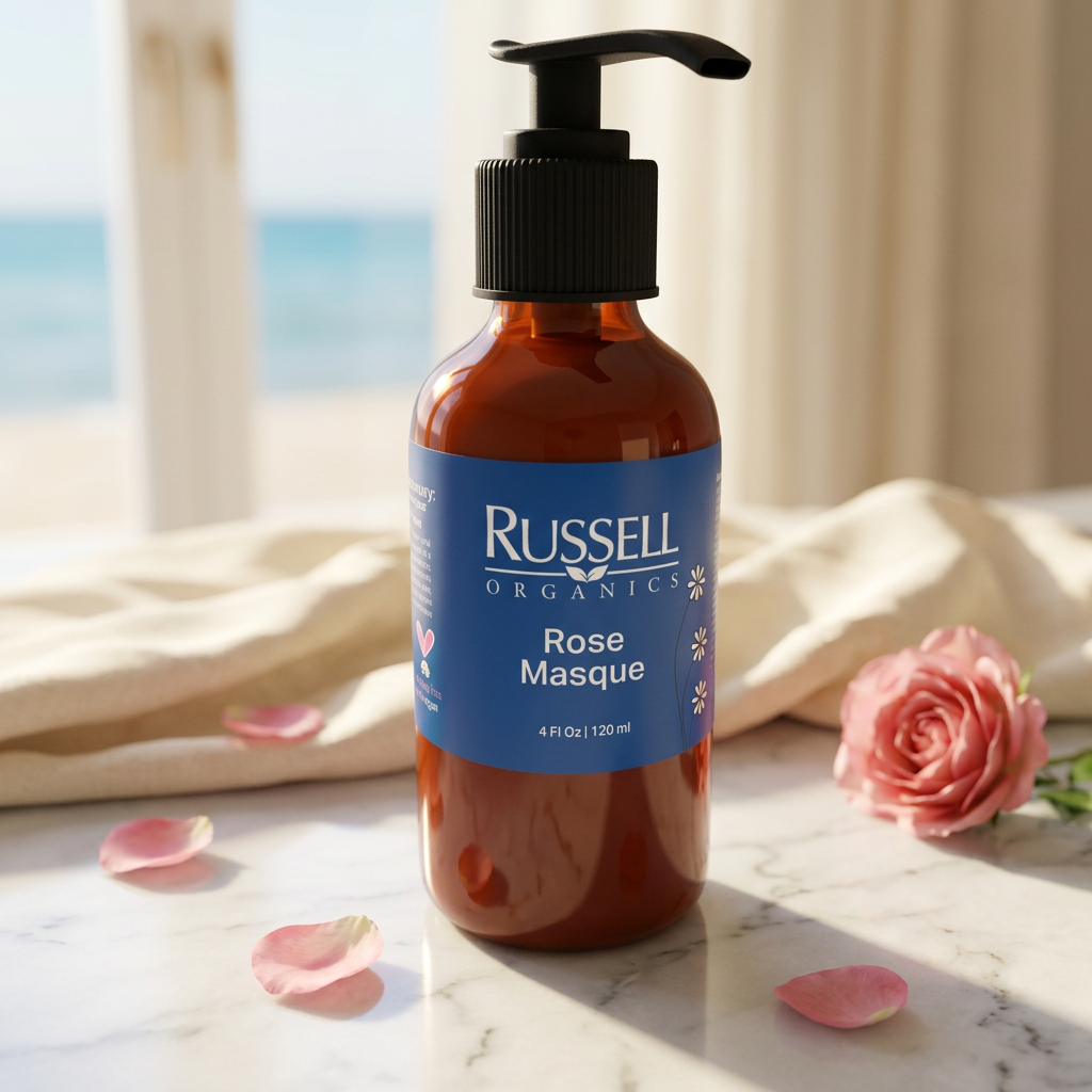 Rose Masque by Russell Organics, styled on stone and linen in a sunlit seaside spa