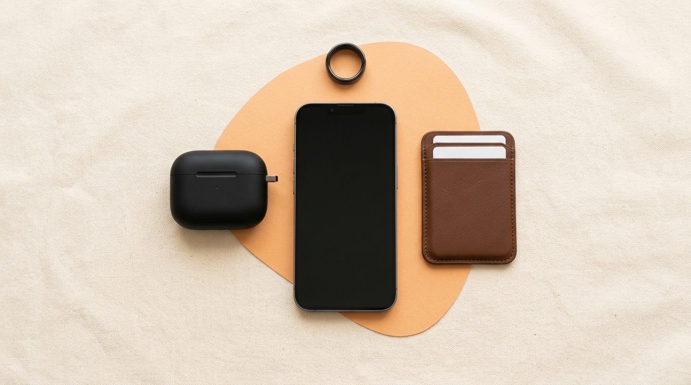 Flat lay of everyday tech gadgets on a warm cream surface
