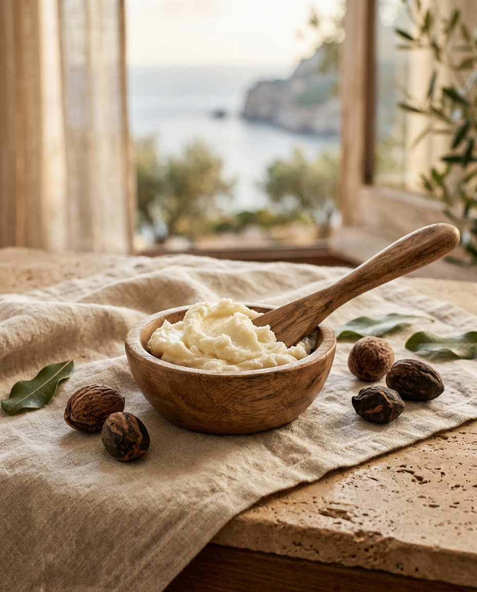 A wooden bowl of creamy raw shea butter with whole shea nuts on undyed linen over warm travertine
