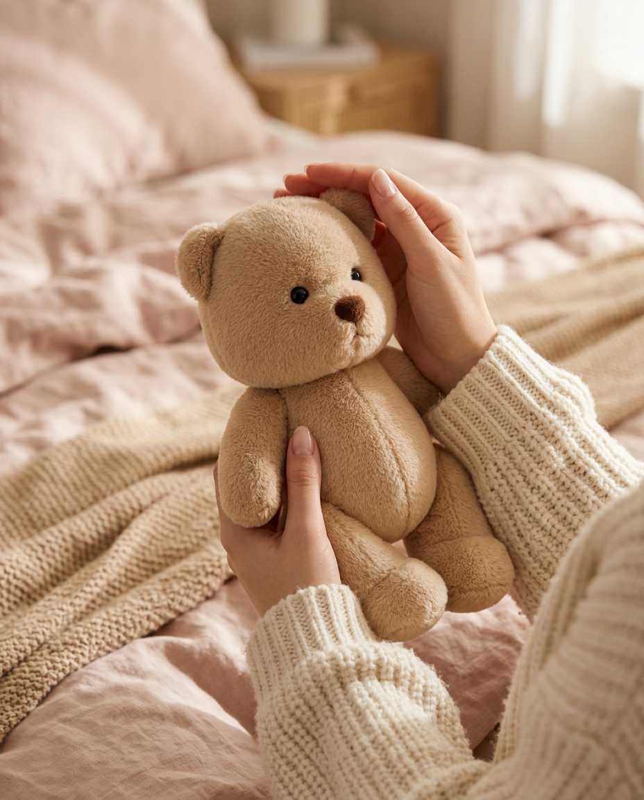 Hands holding a Cuddle teddy bear close against a cosy knit sweater