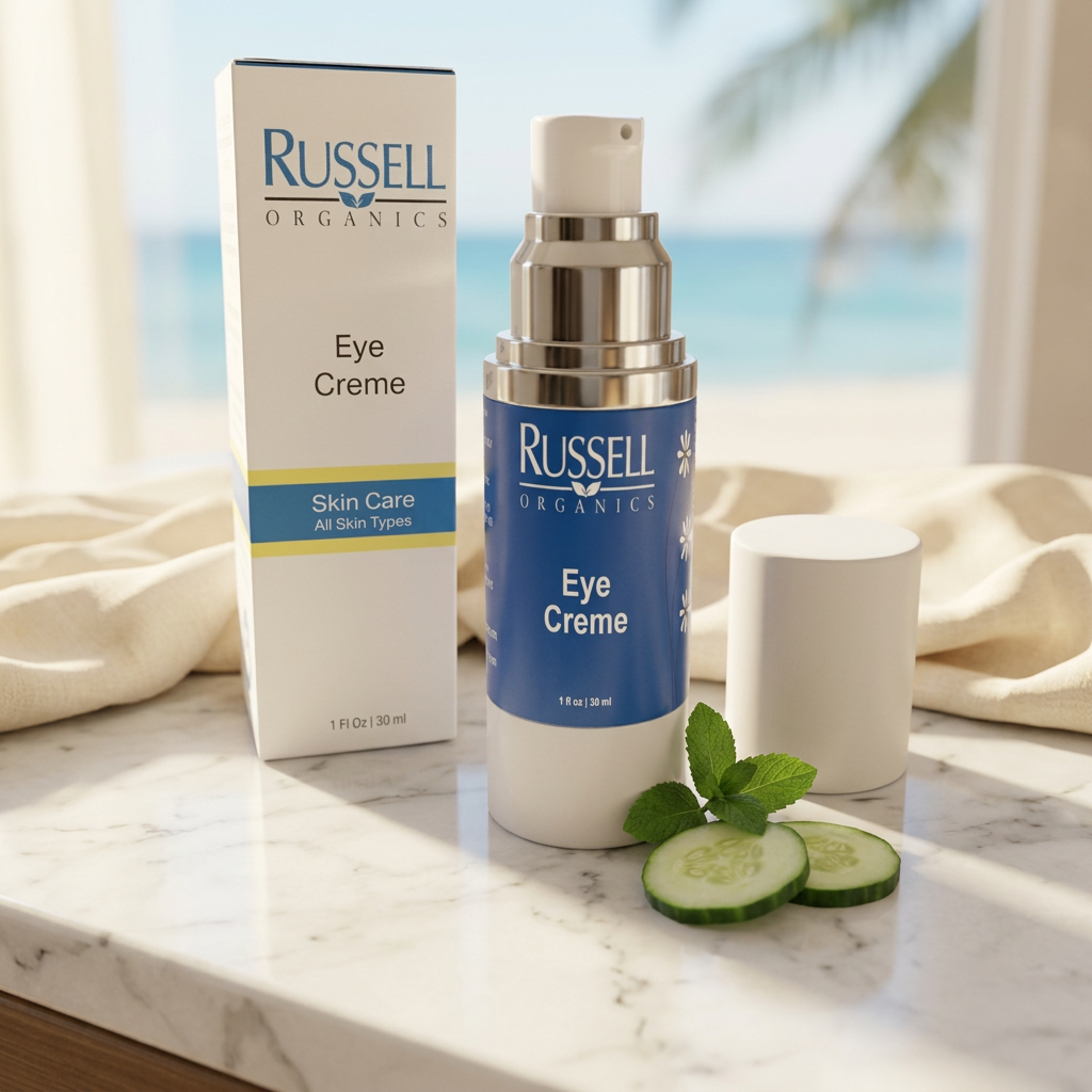 Eye Creme by Russell Organics, styled on stone and linen in a sunlit seaside spa