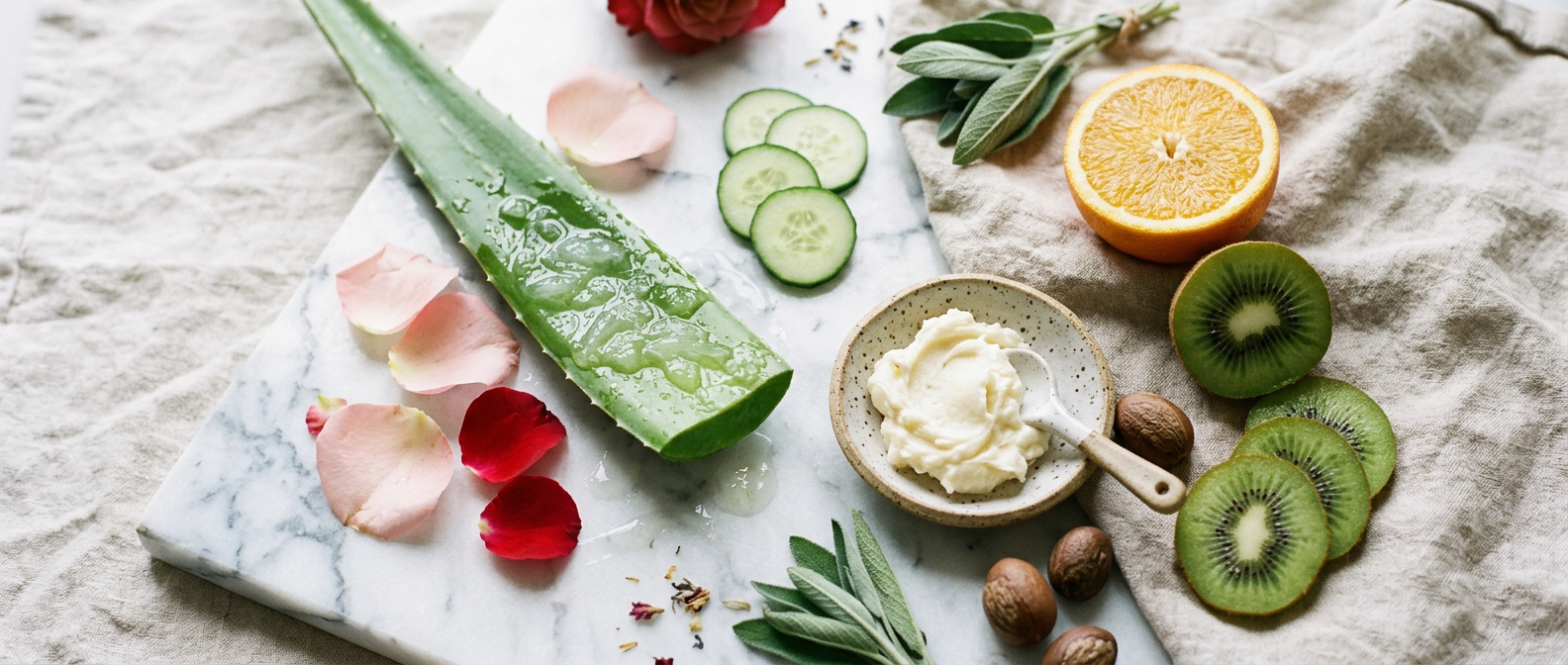Aloe vera, rose petals, cucumber slices, shea butter, oranges and kiwi arranged on white marble and linen