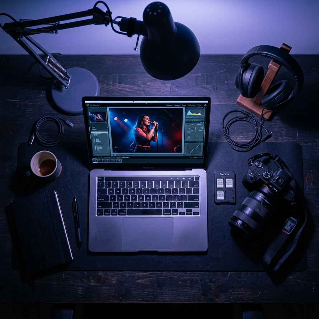 Editing laptop, camera and headphones on a dark desk