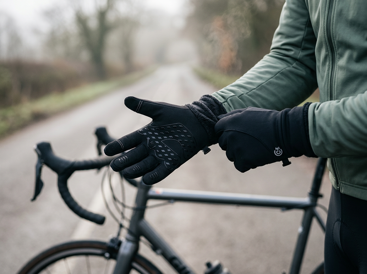 Cyclist pulling on fleece-lined thermal gloves before a cold morning ride