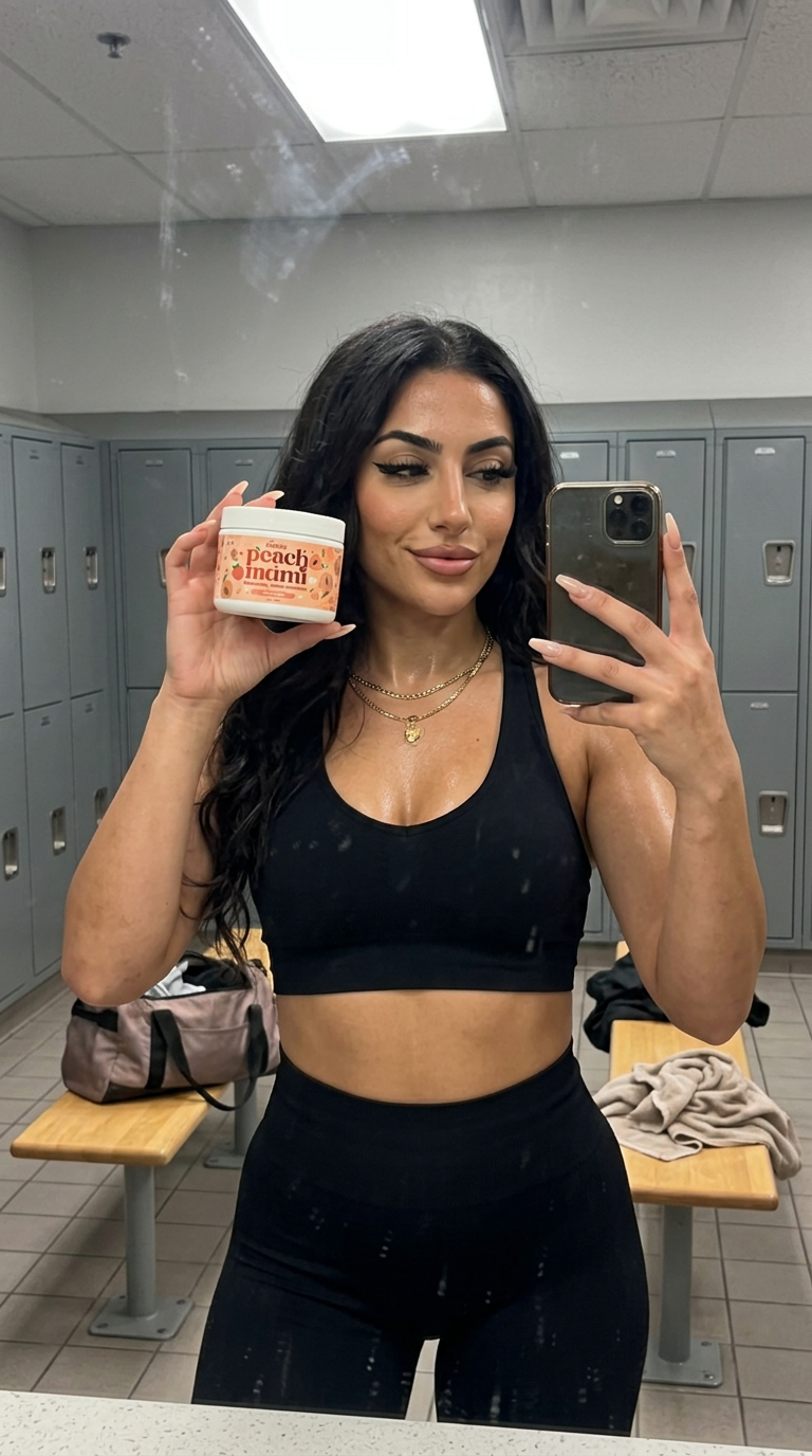 Locker room mirror selfie in a black set holding Peach Mami