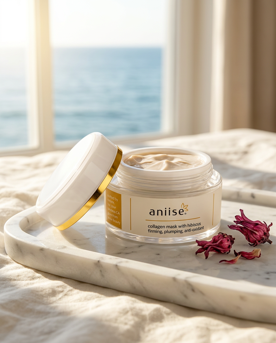 aniise Collagen Mask with Hibiscus, an open jar on a marble tray with dried hibiscus flowers, the ocean beyond
