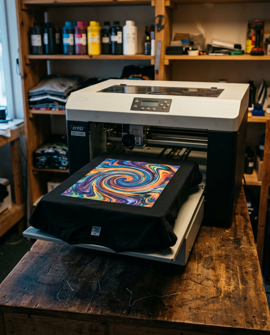 Direct-to-garment printer in the 316 Supply print shop with a freshly printed full-color black t-shirt on the platen
