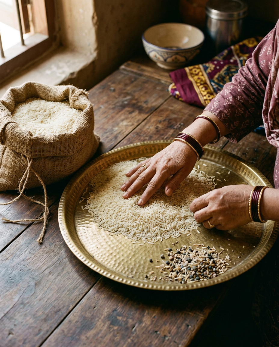 Hands sorting basmati rice on a brass tray, with picked-out stones set aside