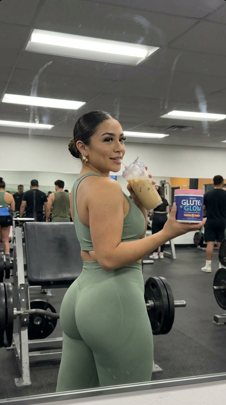 Gym mirror glute check in a sage set, sipping a Glutey Glow horchata iced coffee and holding the tub