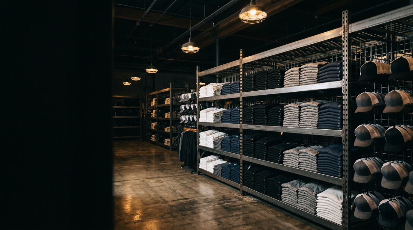 Apparel warehouse shelves stacked with folded blank t-shirts, hoodies and trucker caps