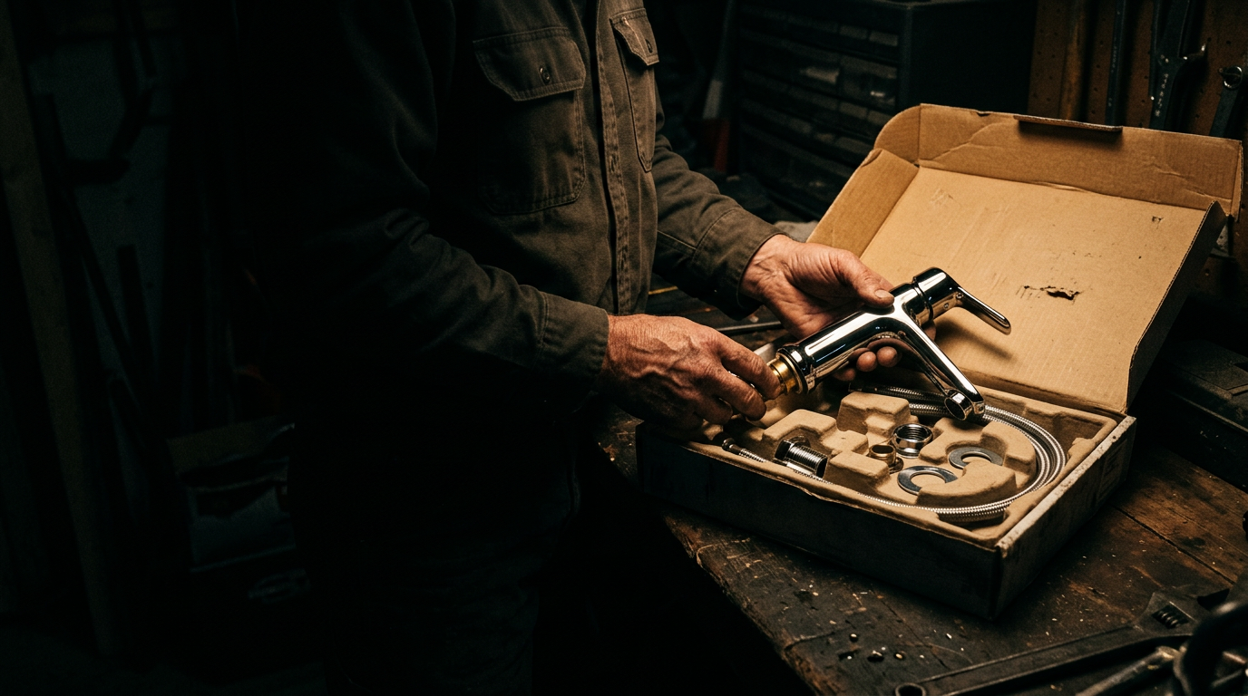 Hands inspecting a new chrome faucet in its open box on a workbench