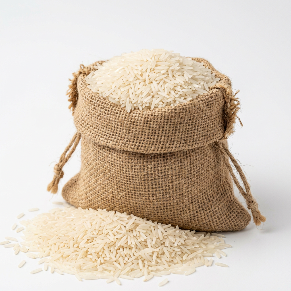 Jute sack overflowing with long-grain basmati rice