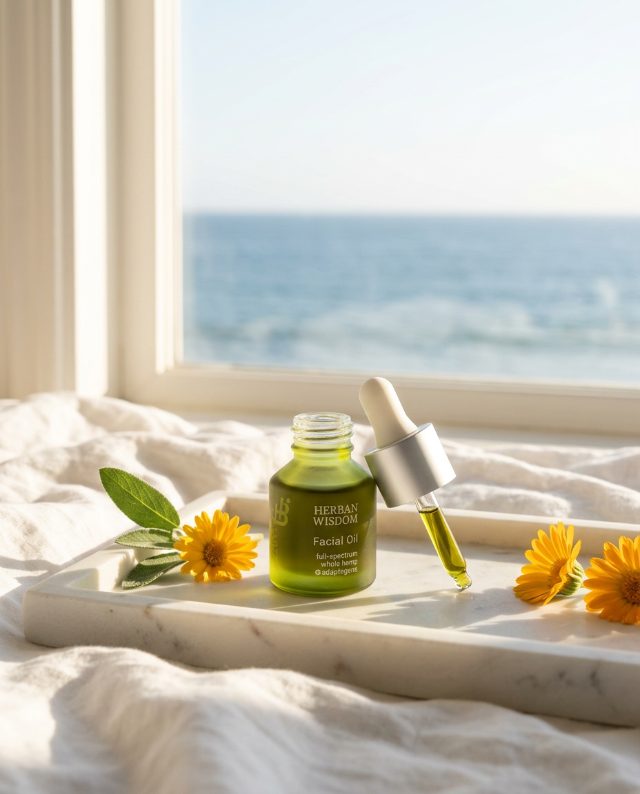 Humanist Beauty Herban Wisdom Facial Oil on a white marble tray with calendula flowers and sage, the ocean beyond