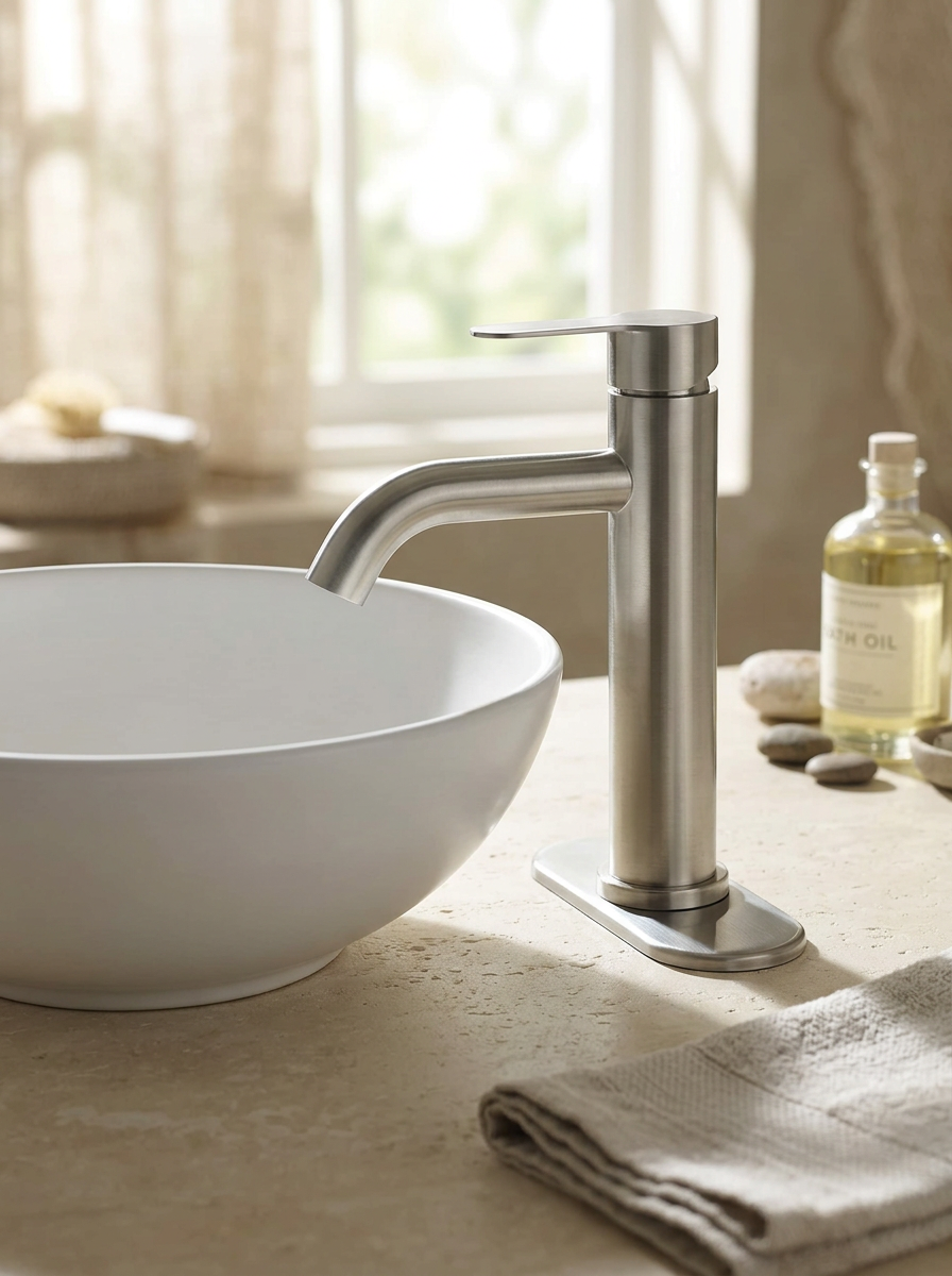 Brushed nickel faucet on a light stone vanity with a white basin