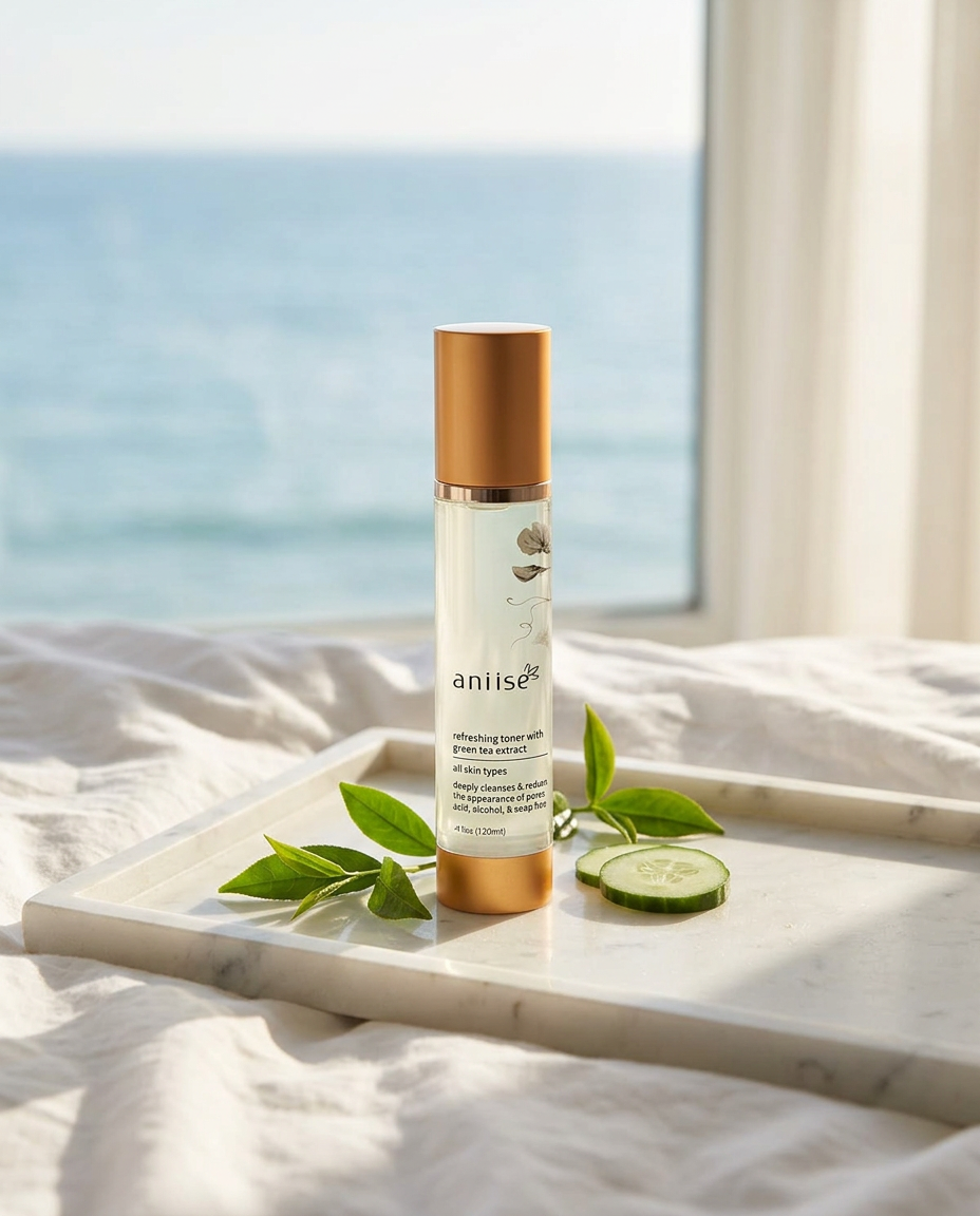 aniise Refreshing Green Tea Facial Toner on a white marble tray with green tea leaves and cucumber, the ocean beyond