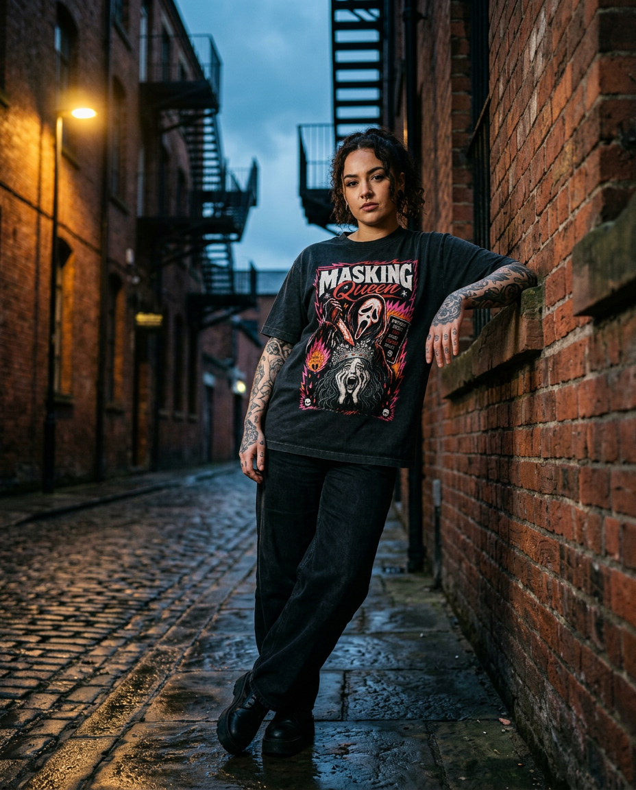 Tattooed woman with curly hair leaning on a red-brick wall on a cobbled Manchester backstreet wearing the Odd'ens Masking Queen oversized tee