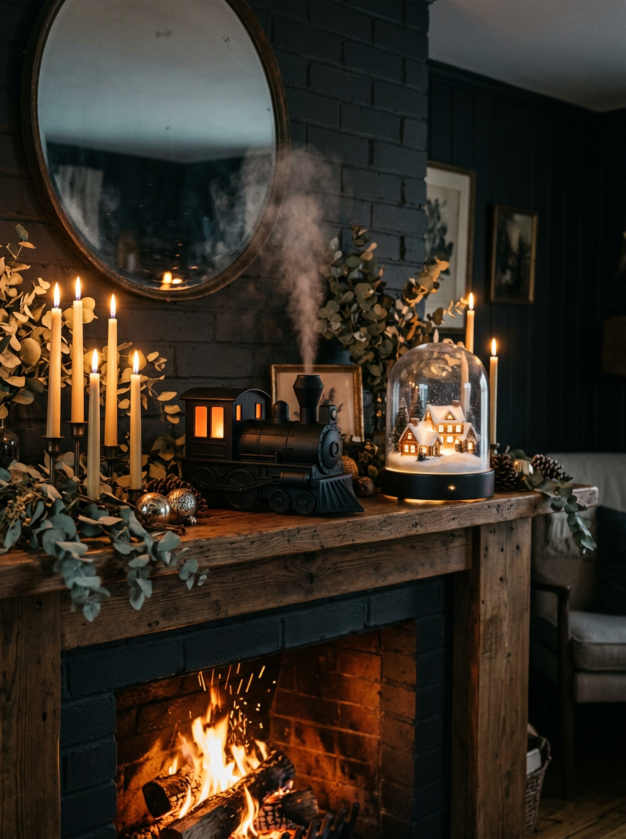 Locomotive and Winter Village humidifiers misting on a living room fireplace mantel with candles