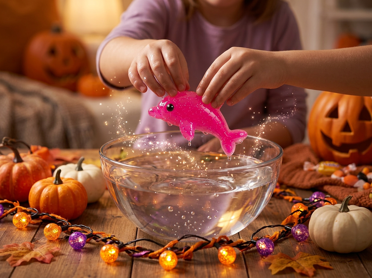 Dziecko wyjmuje z wody gotową figurkę Magic Water Squishies przy stole z halloweenowymi dyniami