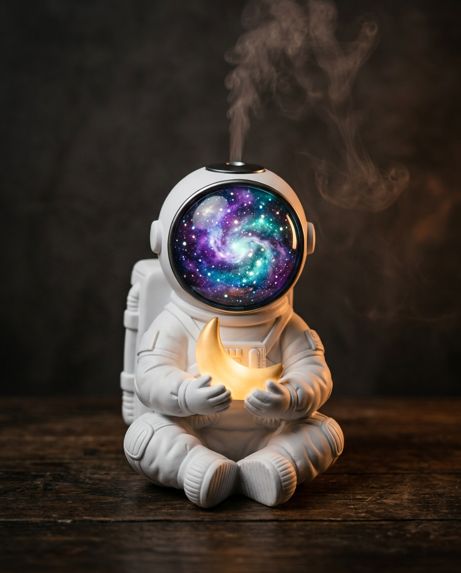 Seated white astronaut humidifier holding a crescent moon, mist rising from the helmet