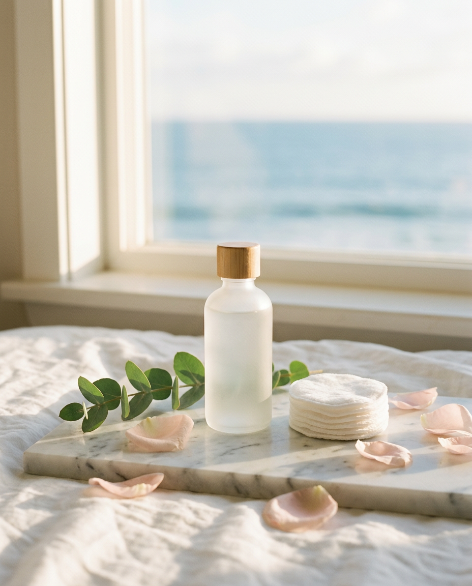 Frosted glass toner bottle and cotton rounds on a marble tray with rose petals and eucalyptus by the ocean