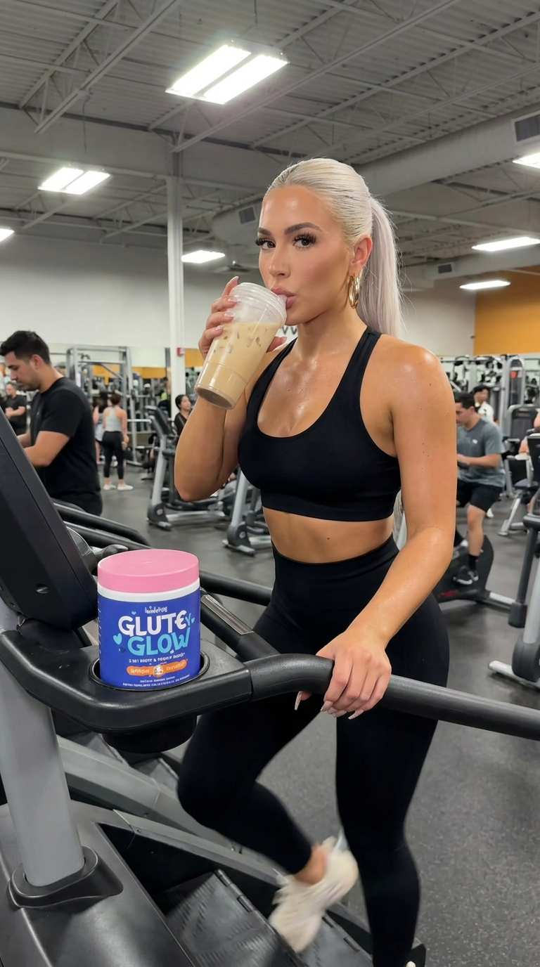 Climbing the stairmaster in a black set, sipping horchata with the Glutey Glow tub in the tray
