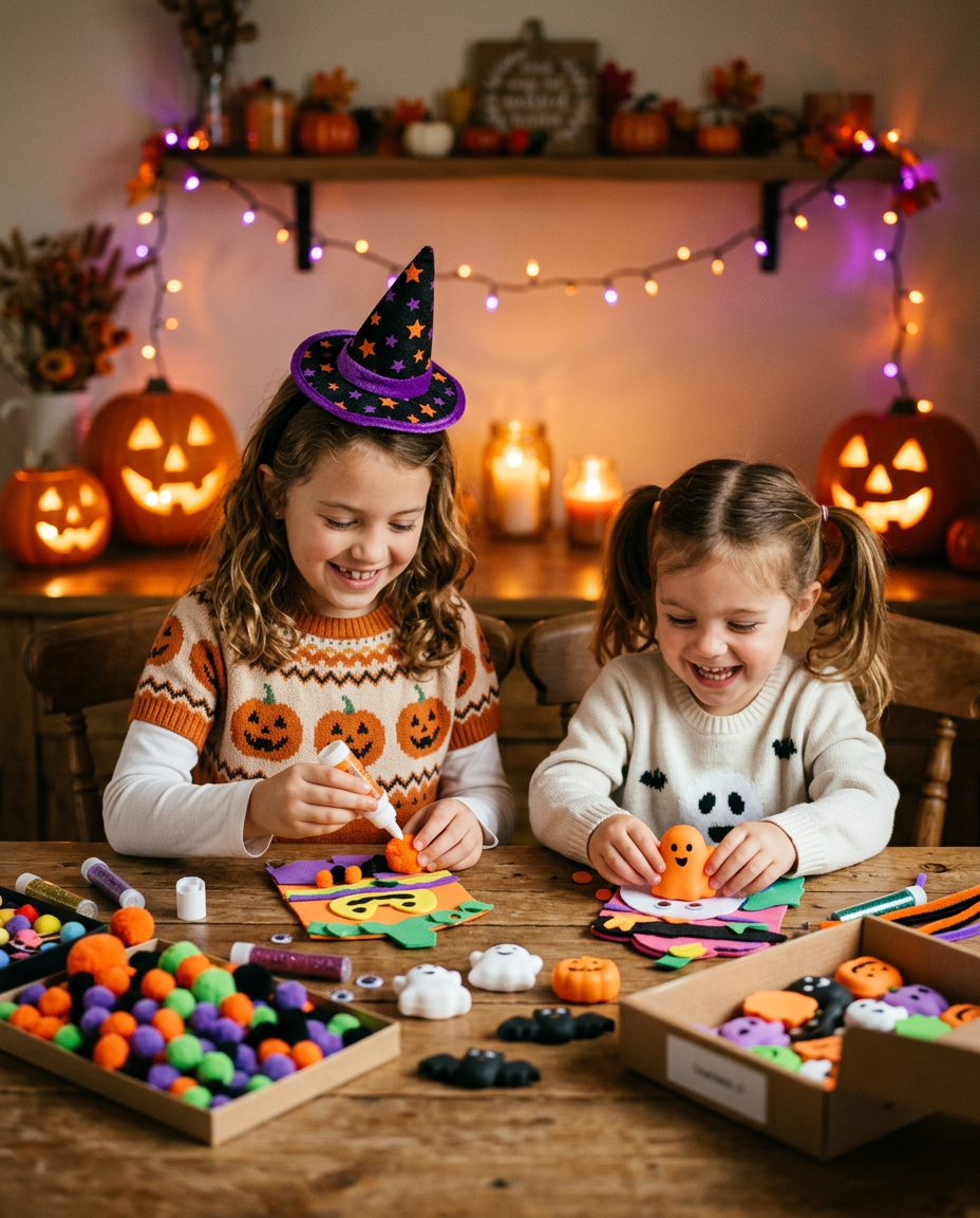 Dzieci w halloweenowych przebraniach tworzą kolorowe zabawki przy świecących dyniach